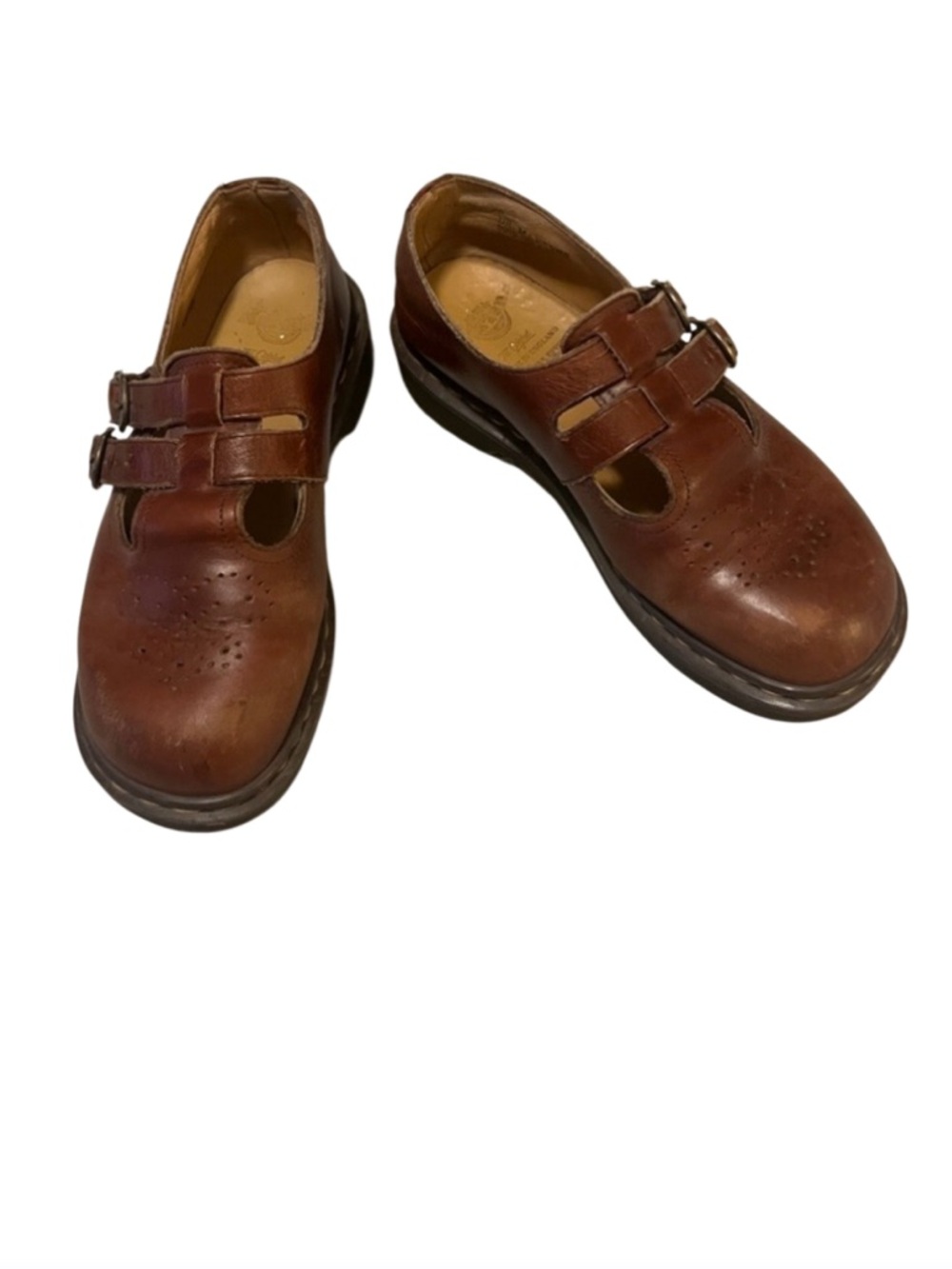 Dr Martens Vintage 8065 Brown Perforated Dbl Buckle T Strap Mary Jane Shoes